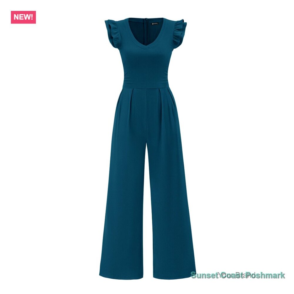 V-Neck Ribbed Knit Jumpsuit with Ruffle Cap Sleeves and Wide Leg